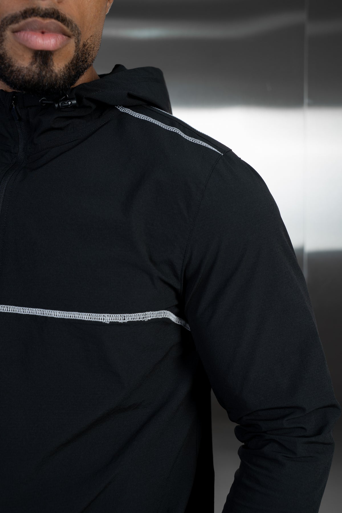 Contrast Stitch Quarter Zip Windbreaker - Black