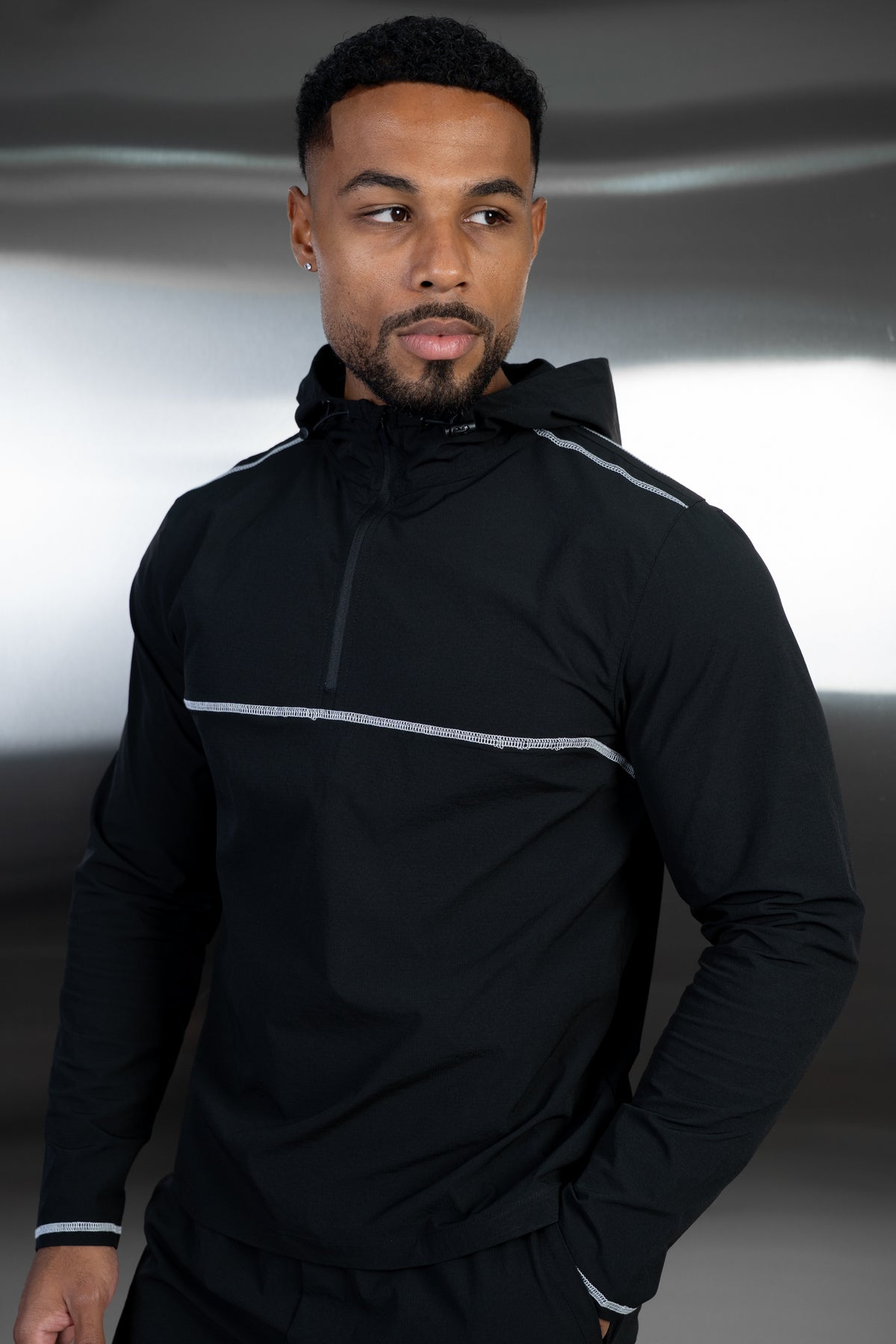 Contrast Stitch Quarter Zip Windbreaker - Black