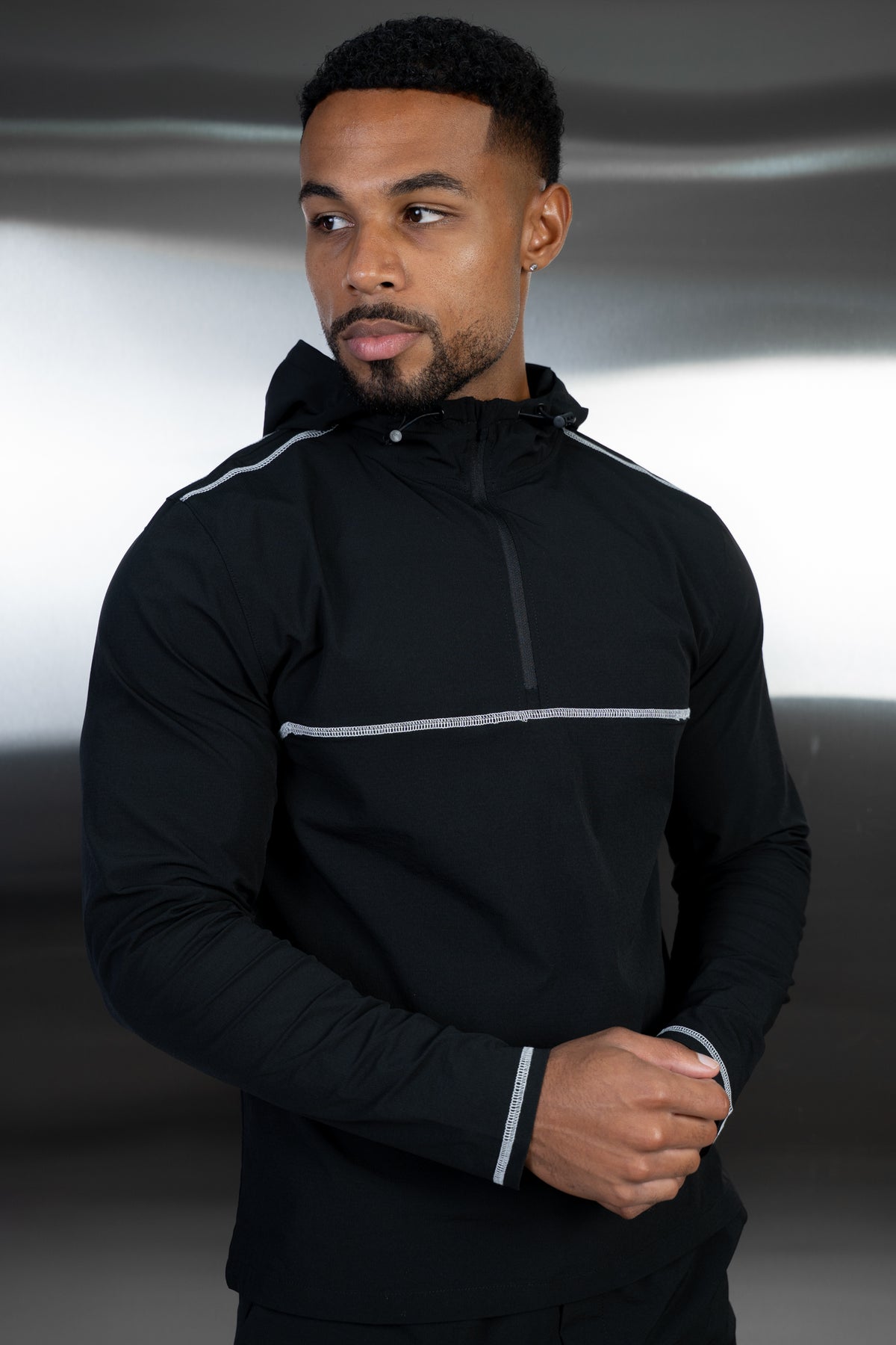 Contrast Stitch Quarter Zip Windbreaker - Black