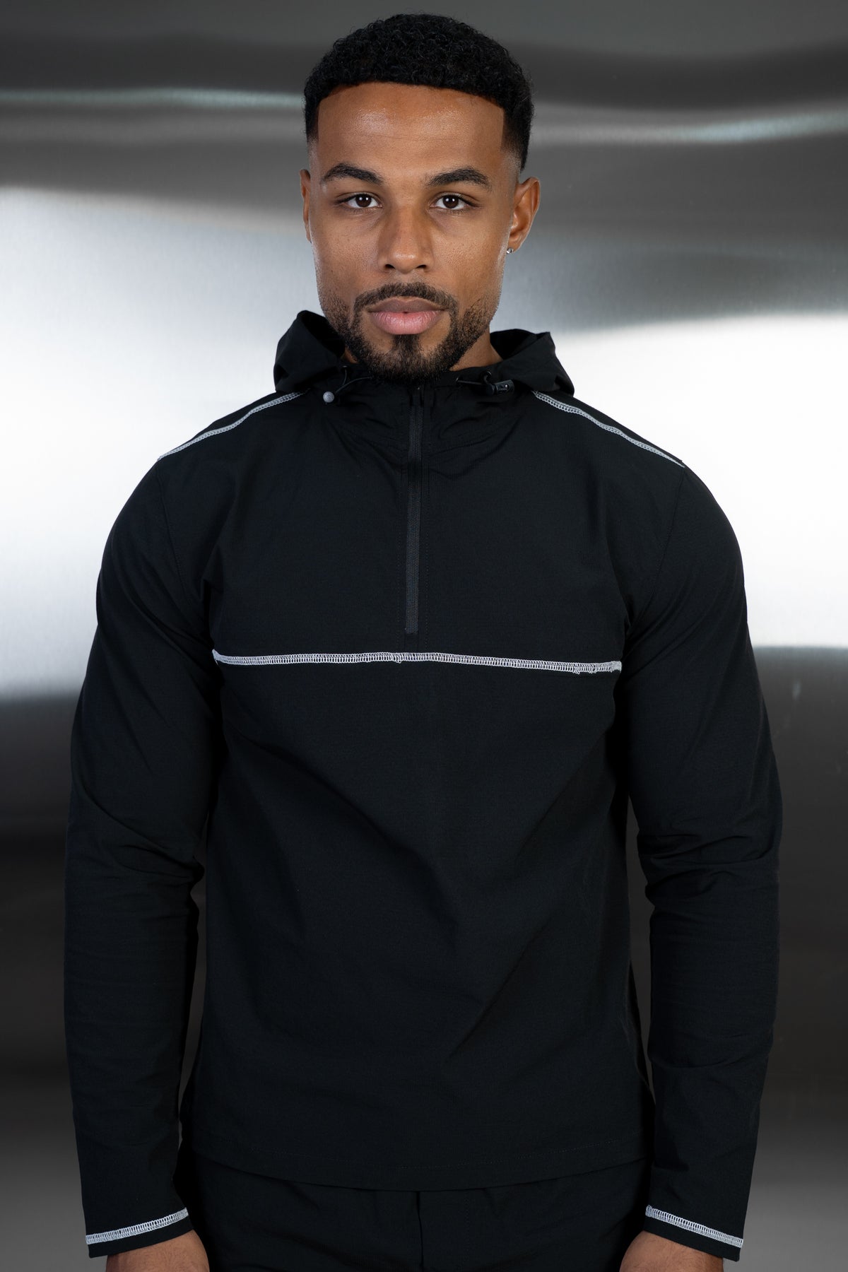 Contrast Stitch Quarter Zip Windbreaker - Black